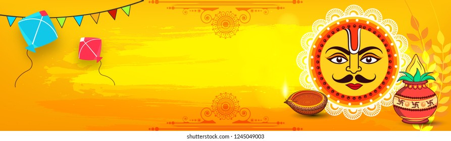 illustration of Happy Makar Sankranti wallpaper/banner/flyer with colorful kite string and festival elements with text for festival of India