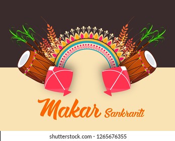 illustration of Happy Makar Sankranti wallpaper/banner/flyer with colorful kite string and festival elements with text for festival of India