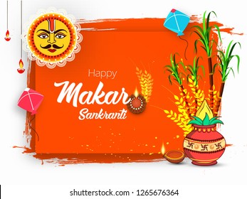 illustration of Happy Makar Sankranti wallpaper/banner/flyer with colorful kite string and festival elements with text for festival of India
