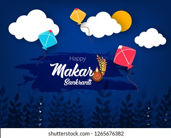 illustration of Happy Makar Sankranti wallpaper/banner/flyer with colorful kite string and festival elements with text for festival of India