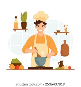 Ilustração de um feliz chef masculino mexendo comida em um pote, cercado por ferramentas de cozinha, legumes e ingredientes de cozinha. Smiling chef mexendo comida na cozinha