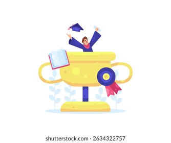 illustration of a happy male graduate who successfully graduated and became a champion. getting a trophy. graduation concept. graduation attire. education, awards and achievements. flat style