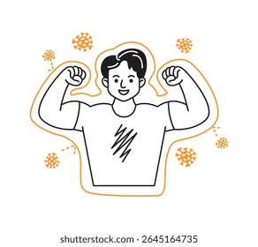 Illustration of a happy man flexing muscles surrounded by virus symbols. Black and orange colors enhance theme of health and immunity. Ideal for wellness topics.
