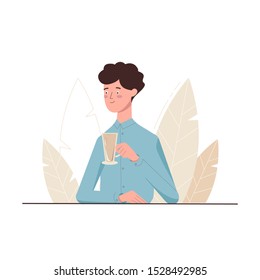 Illustration of a happy man sitting at the table and drinking eggnog. Modern flat vector desin.