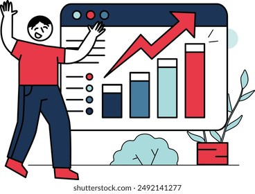illustration of a happy man when the chart goes up. business vector illustration with people and flat design