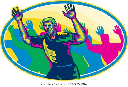 Illustration of a happy marathon runner running with hands up done in retro style on isolated white background set inside oval shape.