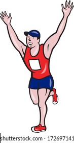 Illustration of a happy marathon runner running with hands up winning finishing race done in cartoon style on isolated white background