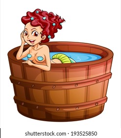 Illustration of a happy mermaid at the bathtub on a white background
