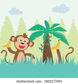 Illustration of a happy monkey with banana. Creative vector childish background for fabric, textile, nursery wallpaper, poster, card, brochure. Vector illustration background.