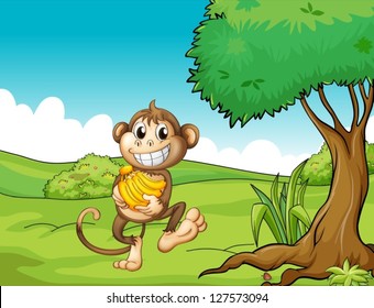 Illustration of a happy monkey with bananas
