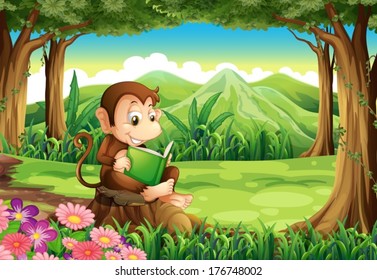 Illustration of a happy monkey sitting above the stump while reading