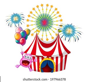 Illustration of a happy monster at the carnival on a white background
