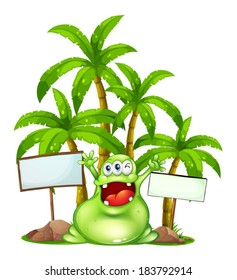 Illustration of a happy monster with empty signboards on a white background