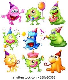 Illustration of a happy monsters celebrating a birthday on a white background