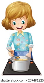 Illustration of a happy mother cooking on a white background