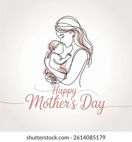 Illustration of  Happy Mother s Day card. Continuous one line drawing. Woman holding her baby.  vector design on white background.