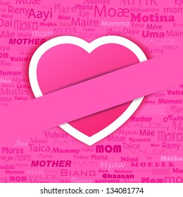 illustration of Happy Mother's Day background with heart and mother in different language