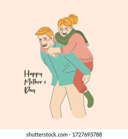 illustration from happy mothers day. the boy carries his old mother and laughs brightly on his son's shoulder. boys and biological mothers playing, having fun together