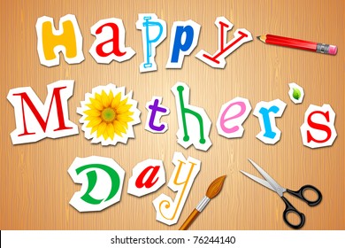 illustration of happy mother's day craft on table with scissor and pencil