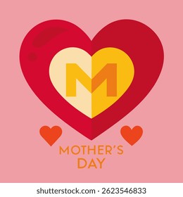 Illustration of  Happy Mothers day vector greeting card. Gold Luxury, red heart Mom icon on pink background. Golden holiday poster with text. Concept mother`s day banner, flyer, party invitation, gift