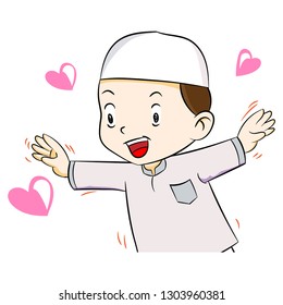 Illustration of Happy muslim boy with heart shape, isolated on white background, Vector Illustration