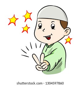 Illustration Happy Muslim Boy Showing Victory Stock Vector (Royalty ...