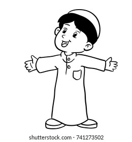 Illustration of Happy Muslim Boy standing, Hand drawing style for coloring book-Vector Illustration
