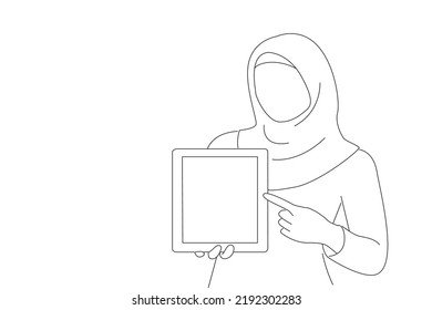 Illustration of happy muslim businesswoman show blank tablet pc monitor, copy space area for some text, advertising slogan. Line art style
