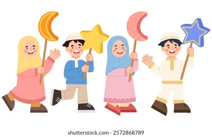 Illustration of happy Muslim children holding lanterns