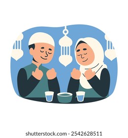 Illustration of a Happy Muslim Couple Praying During Ramadan with Lanterns