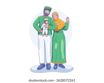 Illustration of a happy Muslim family consisting of a father, mother, and their baby. The father is holding the baby in his arms, and the mother, wearing a hijab, is waving her hand. 