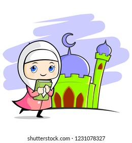 Illustration of happy muslim girl holding a book with mosque background