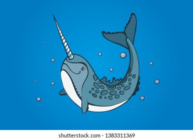 Illustration of a happy narwhal swimmimg in the deep waters