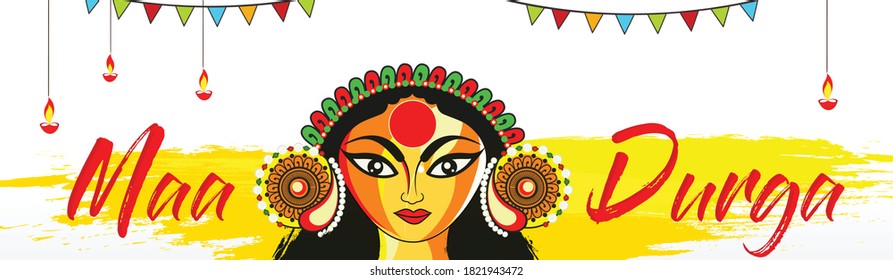 Illustration Of Happy Navratri Celebration, Goddess Durga Face in Happy Dussehra Navratri Background. Indian Religion Festival Durga Puja Banner or Header Design.