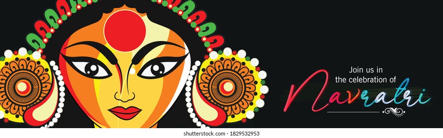 Illustration Of Happy Navratri Celebration, Goddess Durga Face in Happy Dussehra Navratri Background. Indian Religion Festival Durga Puja Banner or Header Design.