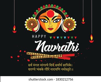 Illustration Of Happy Navratri Celebration, Goddess Durga Face in Happy Dussehra Navratri Background. Indian Religion Festival Durga Puja.