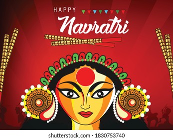 Illustration Of Happy Navratri Celebration, Goddess Durga Face in Happy Dussehra Navratri Background. Indian Religion Festival Durga Puja.