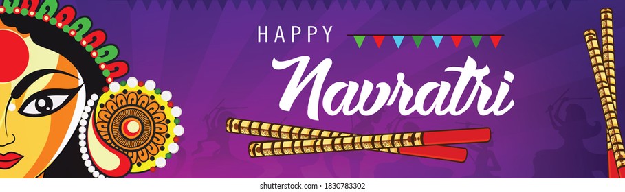 Illustration Of Happy Navratri Celebration, Goddess Durga Face in Happy Dussehra Navratri Background. Indian Religion Festival Durga Puja Banner or Header Design.
