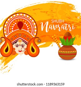 Illustration Of Happy Navratri greeting Card Design With Beautiful Maa Durga Face On Grunge background.