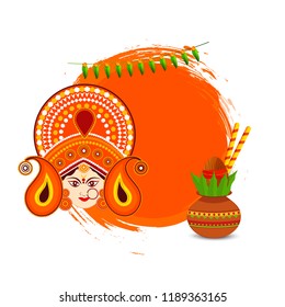 Illustration Of Happy Navratri greeting Card Design With Beautiful Maa Durga Face On Grunge background.