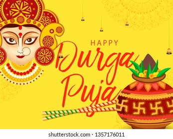 Illustration Of Happy Navratri Greeting Card Design With Beautiful Maa Durga Face On Grunge Background.