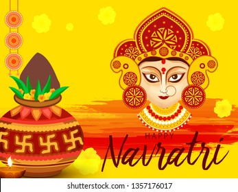 Illustration Of Happy Navratri Greeting Card Design With Beautiful Maa Durga Face On Grunge Background.