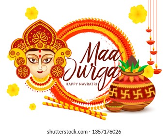 Illustration Of Happy Navratri Greeting Card Design With Beautiful Maa Durga Face On Grunge Background.