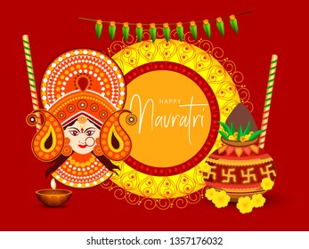Illustration Of Happy Navratri Greeting Card Design With Beautiful Maa Durga Face On Grunge Background.