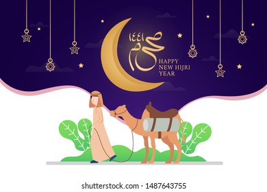 Illustration of happy new hijri year with man bring a camel