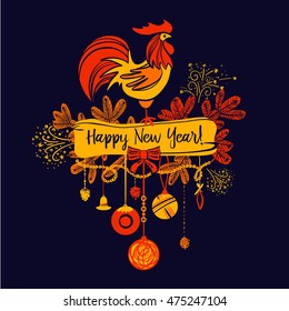 Illustration for happy new year 2017 red rooster. Silhouette cock. Vector element of design logo, logotype, card, poster, clothing, postcard, calendar and invitation with rooster 2017.