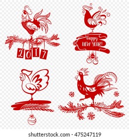 Illustration for happy new year 2017 red rooster. Silhouette cock. Vector element of design logo, logotype, card, poster, clothing, postcard, calendar and invitation with rooster 2017.