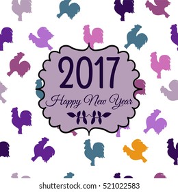 Illustration for happy new year 2017. Silhouette rooster. Vector design. Card, poster, clothing, postcard, calendar and invitation with cock 2017.
