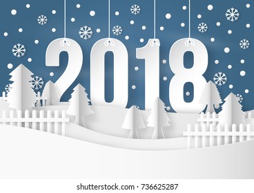 illustration of Happy new year 2018 on winter season with snow flake. paper art design and craft style.