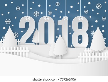 ilustración de Feliz Año Nuevo 2018 en temporada invernal con copos de nieve. diseño de arte de papel y estilo artesanal.